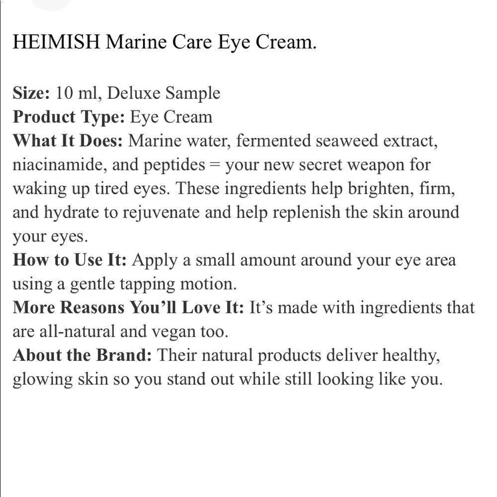 HEIMISH Marine Care Eye Cream 10ml/0.33oz MINI sealed with Ipsy bag